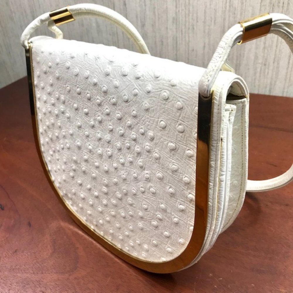 Vintage 1970's White OSTRICH Skin Shoulder Bag Purse w/ Brass Trim by Block
